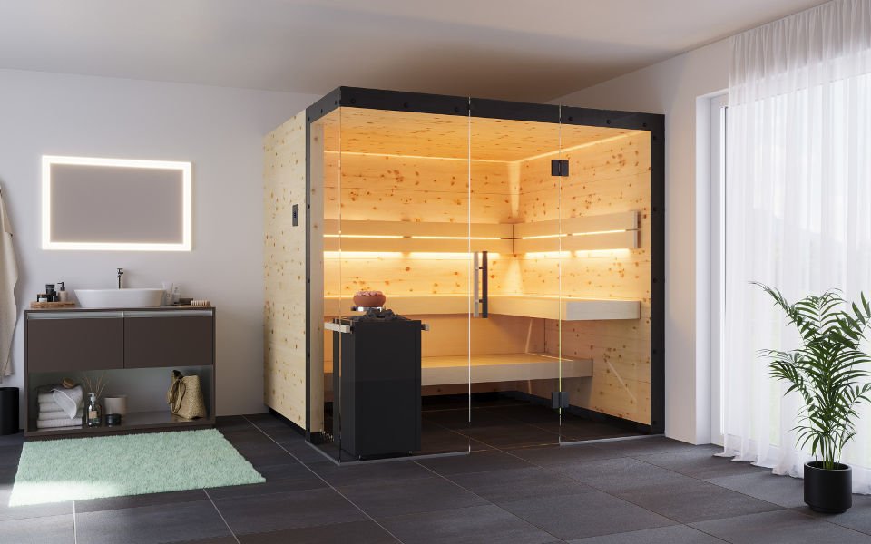 Infraworld Saunamodell Bergzauber – luxuriöses und stilvolles Ambiente
in alpenländischem Design
