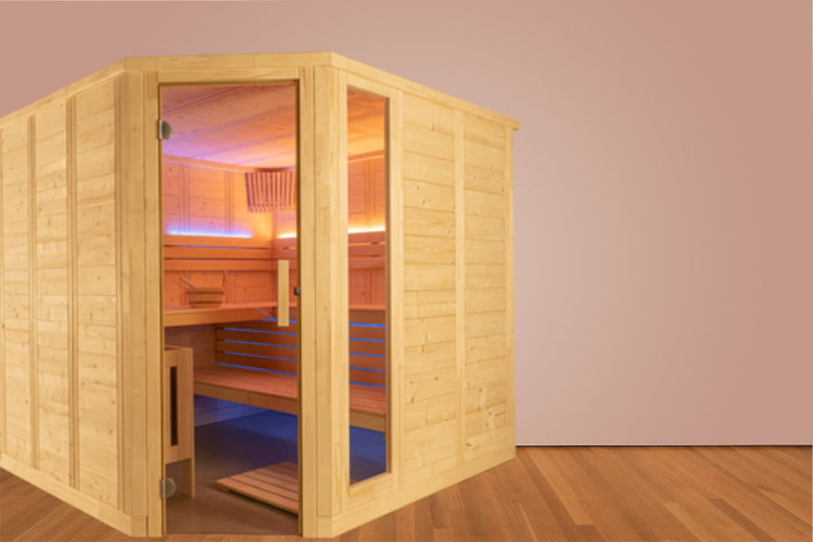 Saunamodell Komfort Corner aus Fichte mit edler Inneneinrichtung aus Linde – Einbau durch erfahrenen Fachbetrieb beim München