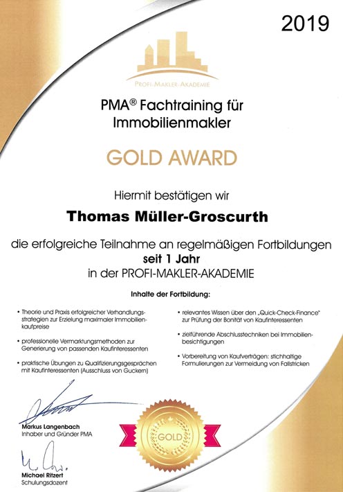 Makler M&uuml;nchen | Fachtraining f&uuml;r Immobilienmakler Gold Award